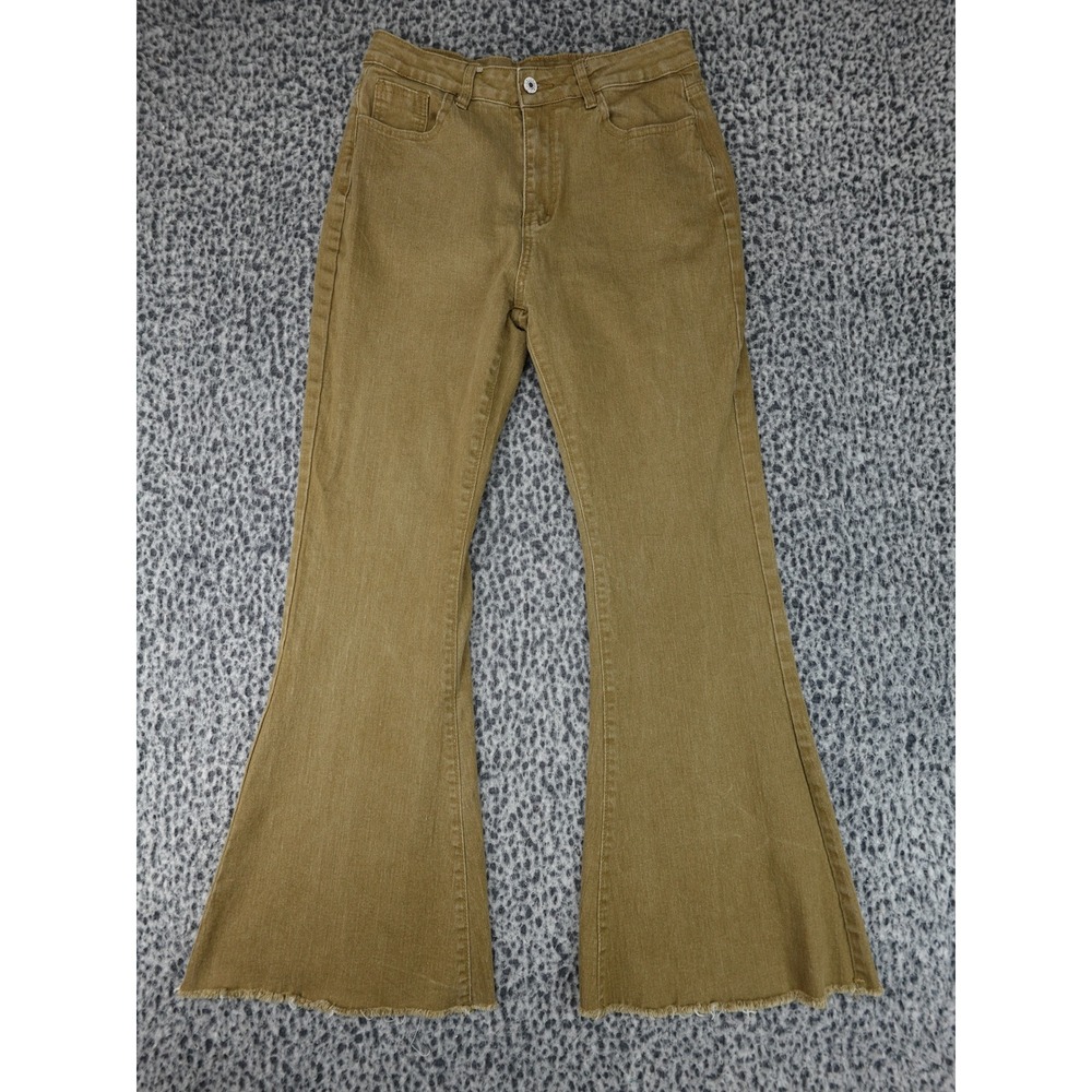 Unbranded Flare Jeans Womens Size L Brown Mustard High Rise Bell Bottom Raw Hem